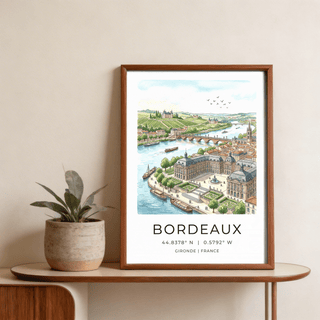 Aerial view travel poster print of Bordeaux with riverfront architecture, bridge arches, and birds in sky