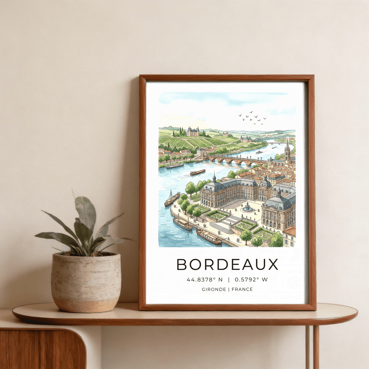 Aerial view travel poster print of Bordeaux with riverfront architecture, bridge arches, and birds in sky