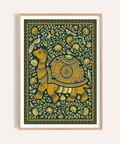Ornate turtle poster with floral vines, birds, and bordered frame design
