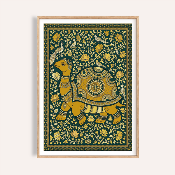 Ornate turtle poster with floral vines, birds, and bordered frame design
