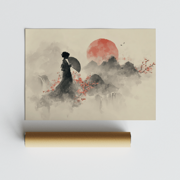 Oriental Wall Art Poster with Red sun, Beige sky for lounge wall art poster
