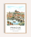 Illustrated Prague City Wall Art poster with arched bridge and river boats