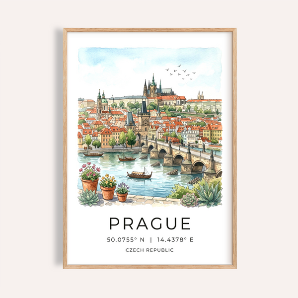 Illustrated Prague City Wall Art poster with arched bridge and river boats