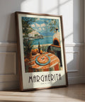 Vintage Italian food prints featuring Margherita pizza on a coastal terrace with sea view.