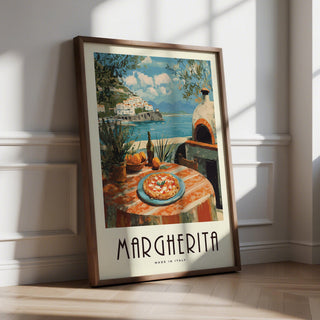 Vintage Italian food prints featuring Margherita pizza on a coastal terrace with sea view.