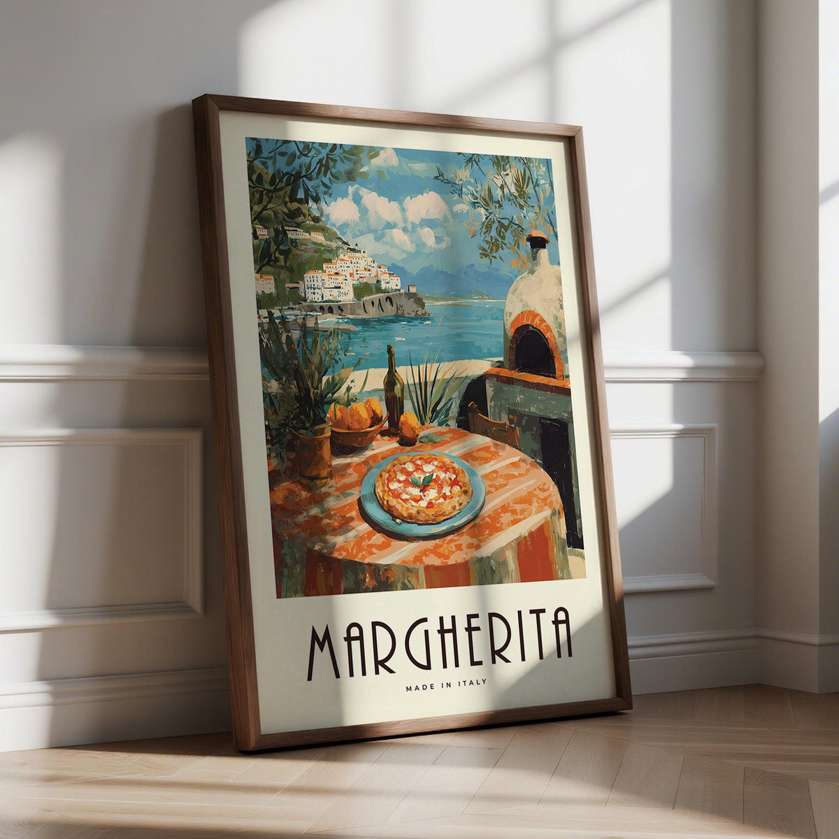 Vintage Italian food prints featuring Margherita pizza on a coastal terrace with sea view.
