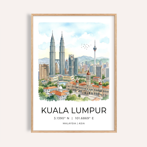 Illustrated Kuala Lumpur Art Print poster with skyline and coordinates text