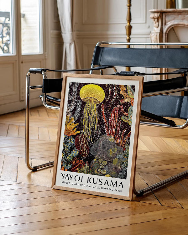 Jellyfish poster featuring abstract marine forms in warm red and gold tones.