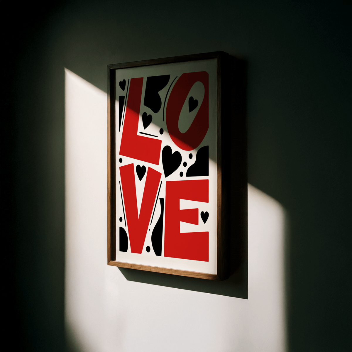 Minimal graphic wall art poster with big letters spelling LOVE and scattered dots