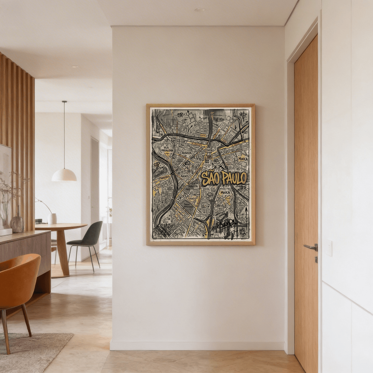 Street-network detail of Sao Paulo Map Art print featuring thick route lines and labeled districts