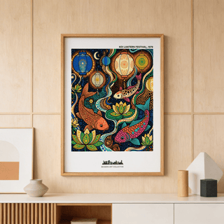 Illustrated koi fish print with hanging lanterns, crescent moon, and patterned scales in a dense graphic style