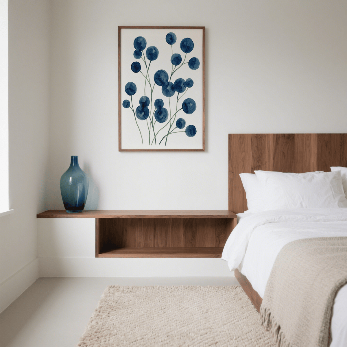Watercolor Flower Wall Art with blue florals on white for living room wall art