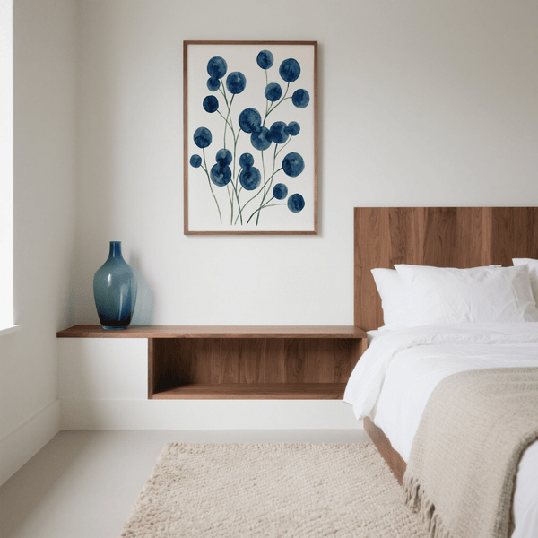 Watercolor Flower Wall Art with blue florals on white for living room wall art