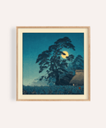 Hasui Kawase moon print with silhouetted pine and bright moon