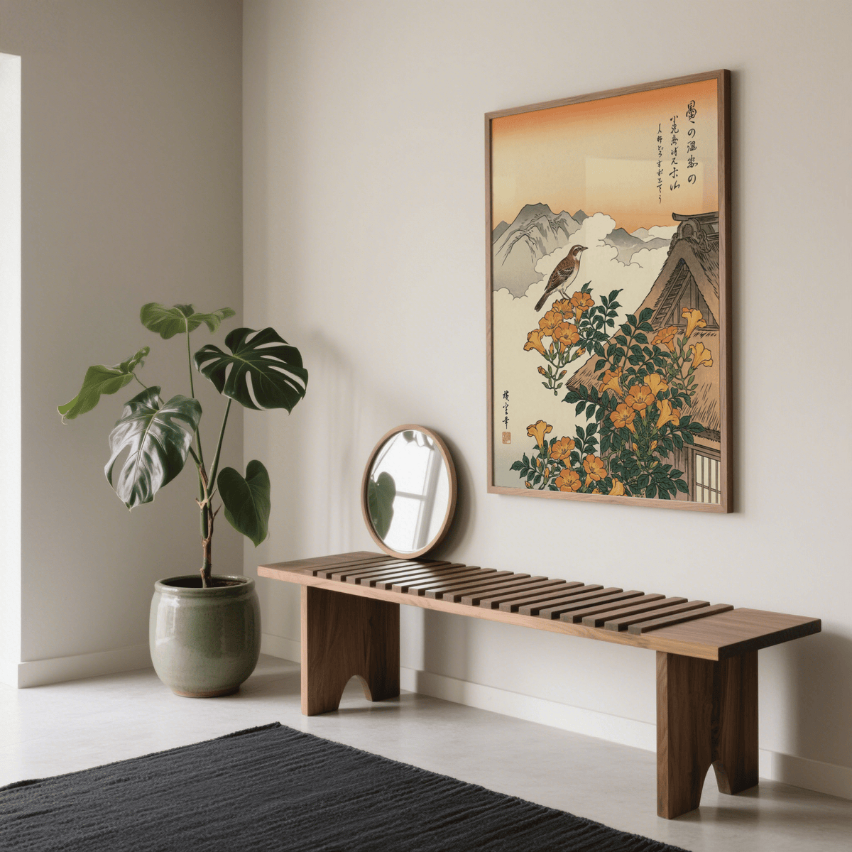 Vintage Mountain Landscape Poster showing orange blooms and green foliage, great for a hallway
