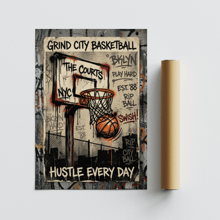 Street-court themed art print centered on an orange rim and beige wall