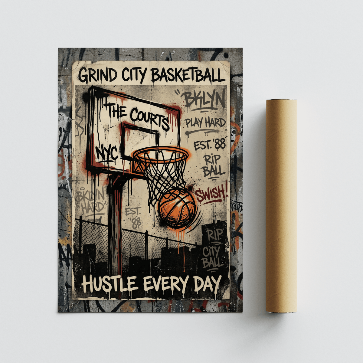 Street-court themed art print centered on an orange rim and beige wall