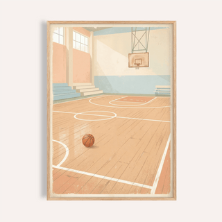 Vintage Basketball Wall Art print of an empty gym with hardwood floor and single ball