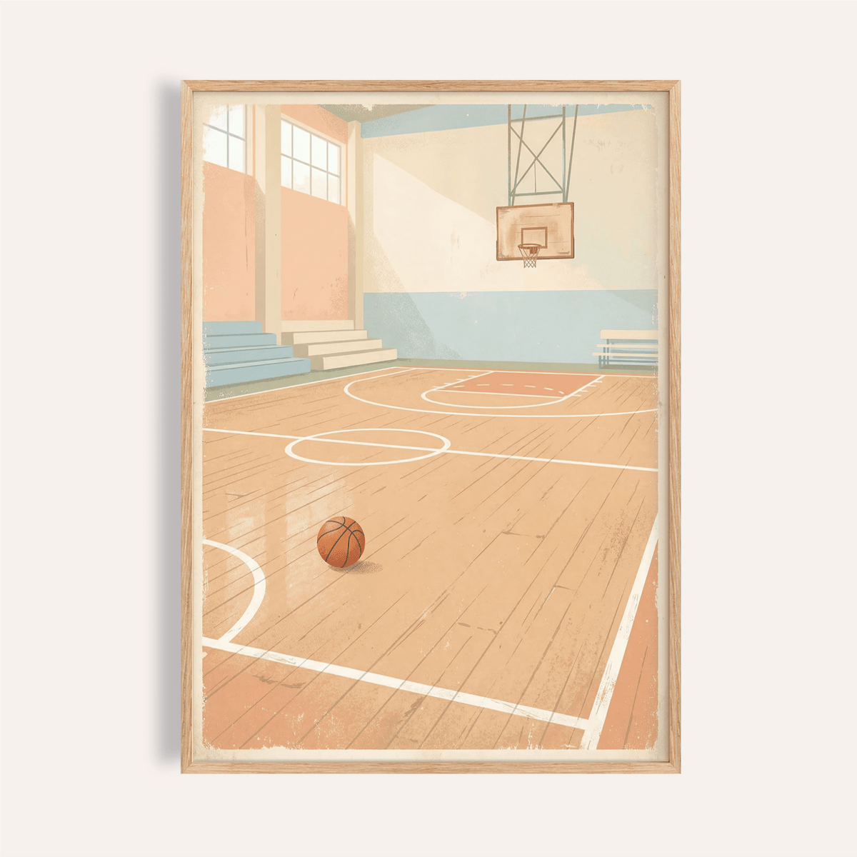 Vintage Basketball Wall Art print of an empty gym with hardwood floor and single ball