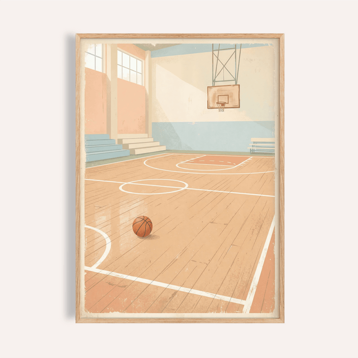 Vintage Basketball Wall Art print of an empty gym with hardwood floor and single ball