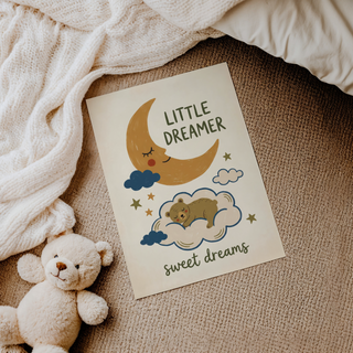Close-up of the sleeping bear on a cloud illustration, nursery wall art print