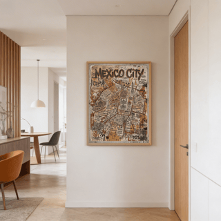 Presenting Mexico City map wall art print with large Mexico City heading and hand-drawn markings
