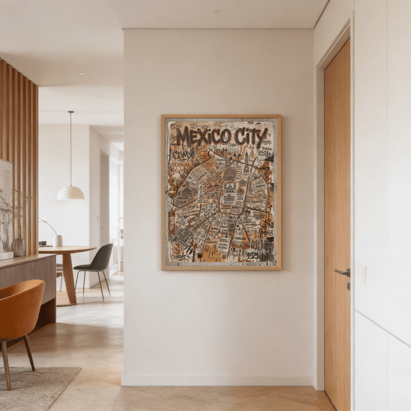 Presenting Mexico City map wall art print with large Mexico City heading and hand-drawn markings