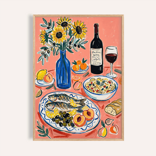 Wine and Seafood Decor print, Pink and Blue colors, kitchen wall art