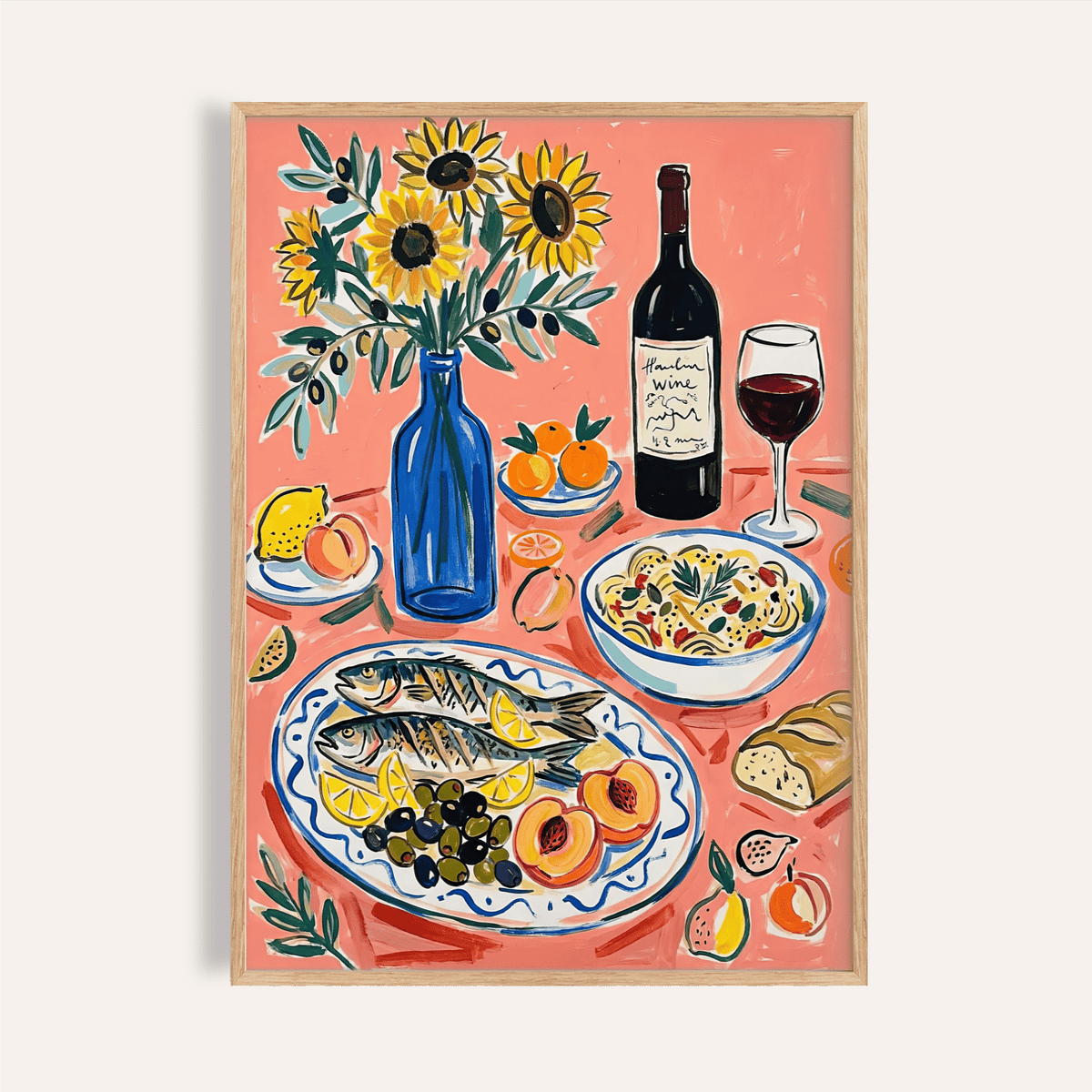 Wine and Seafood Decor print, Pink and Blue colors, kitchen wall art