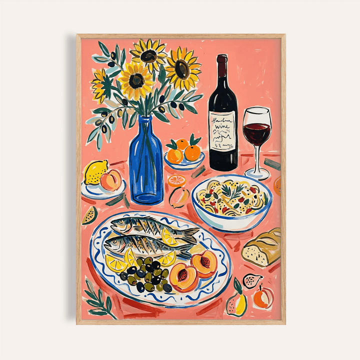 Wine and Seafood Decor print, Pink and Blue colors, kitchen wall art