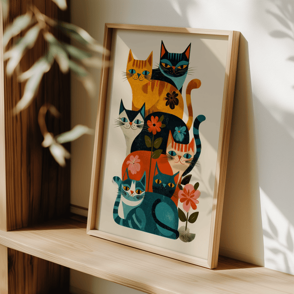 Modern Colorful Cat Wall Art, multicolored cats, adds cheer to nursery spaces