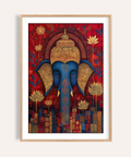 Centered elephant Buddha wall art print with ornate headdress and lotus flowers
