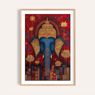 Centered elephant Buddha wall art print with ornate headdress and lotus flowers