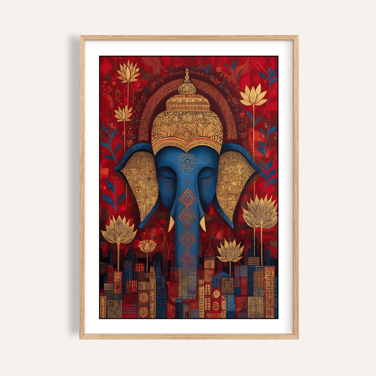 Centered elephant Buddha wall art print with ornate headdress and lotus flowers