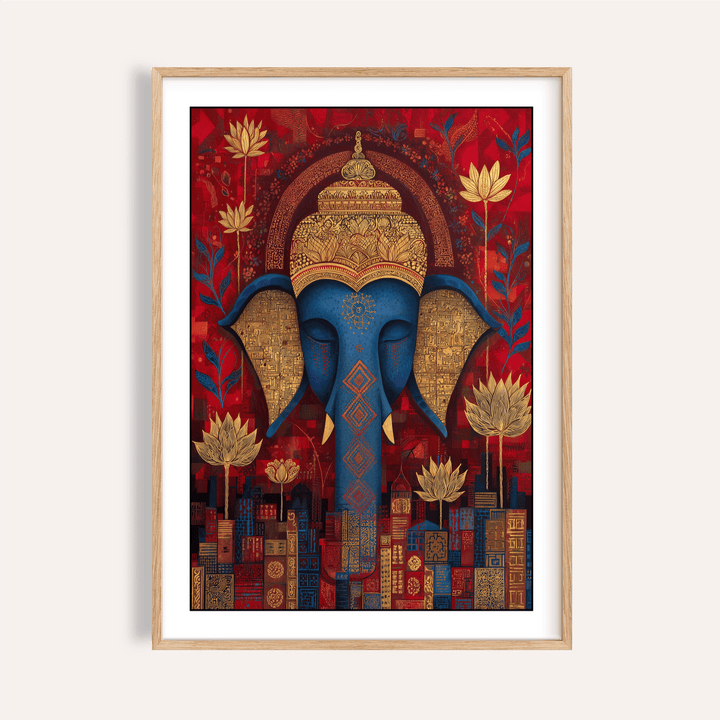 Centered elephant Buddha wall art print with ornate headdress and lotus flowers