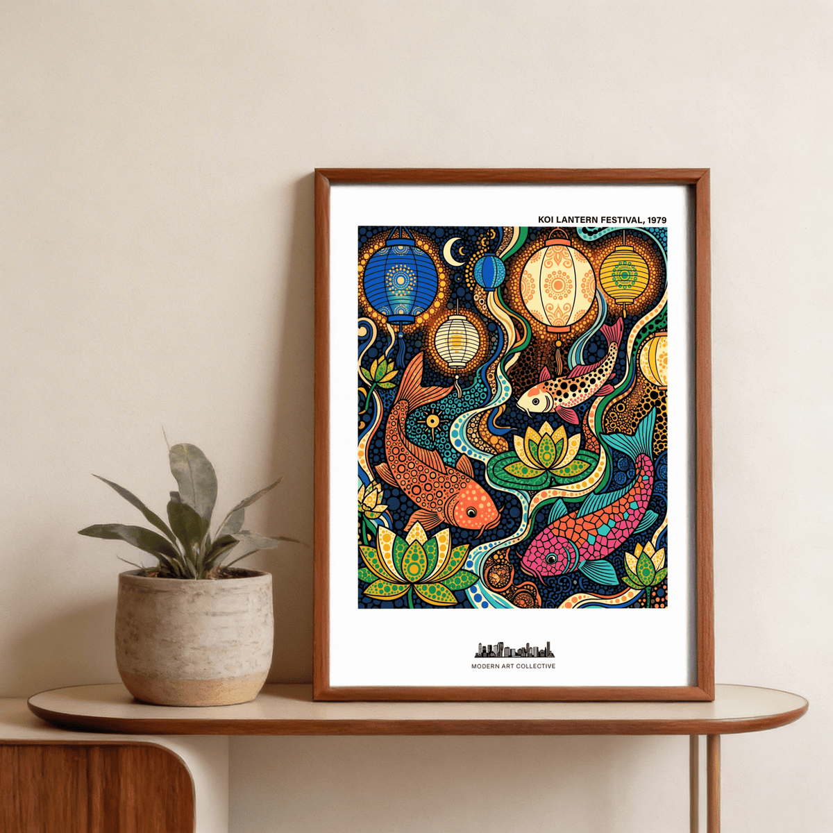Detailed koi poster showing dotted textures, wave-like ribbons, and layered floral elements