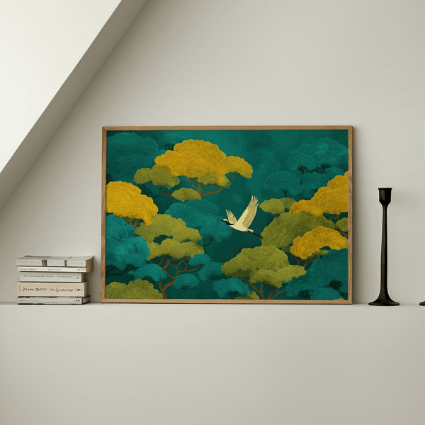 Colorful Japanese Nature Art art print, Green and Yellow hues for meditation space