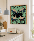 Close-up print detail showing spotted deer patterning and leaf shapes in Blue and Green wall art