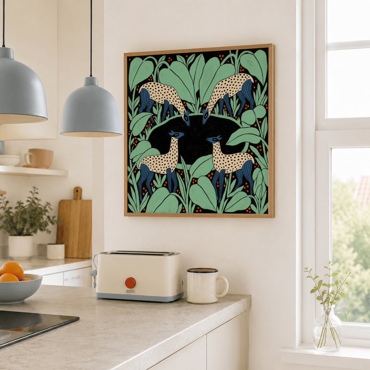 Close-up print detail showing spotted deer patterning and leaf shapes in Blue and Green wall art