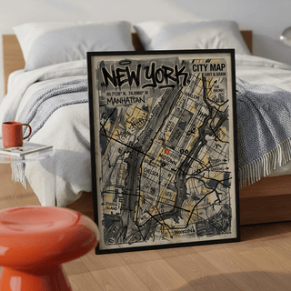 Full-frame New York Graffiti Poster featuring Manhattan outline, rivers, and neighborhood callouts