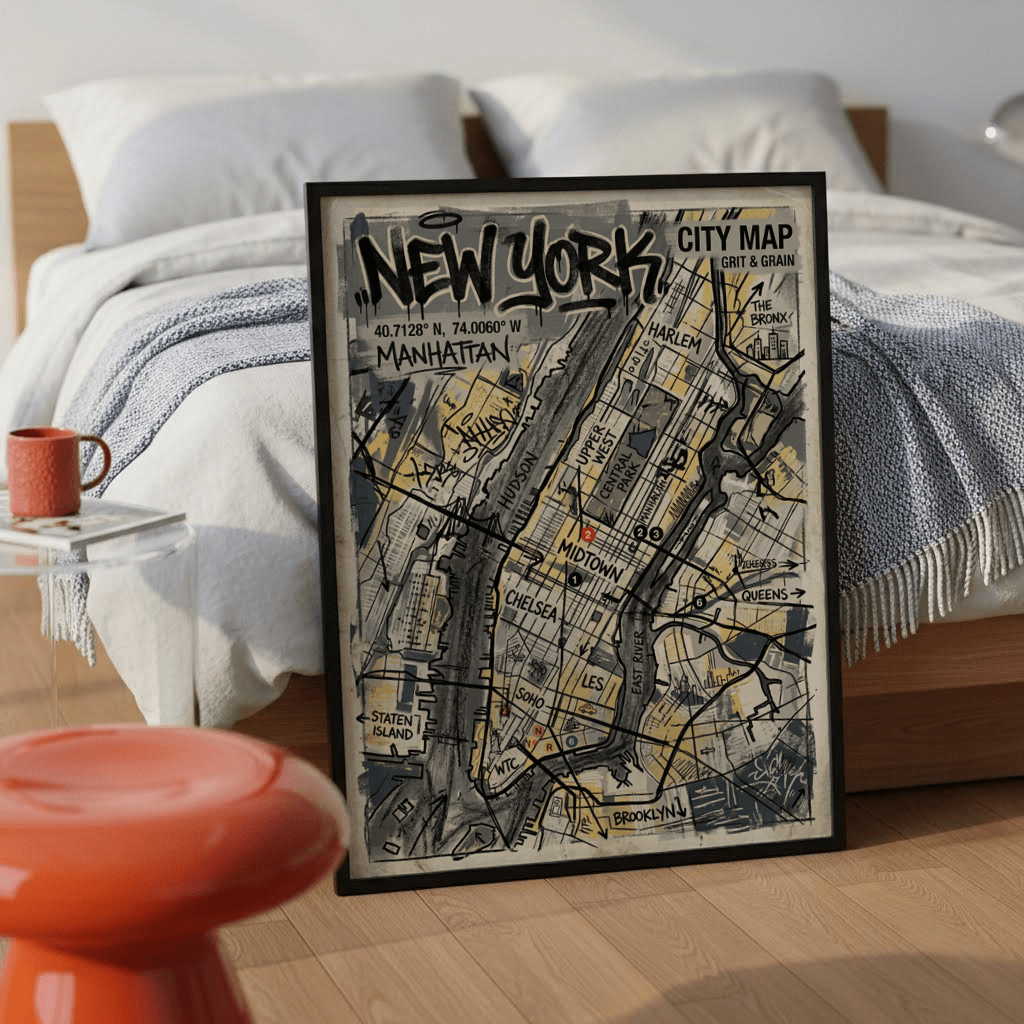 Full-frame New York Graffiti Poster featuring Manhattan outline, rivers, and neighborhood callouts