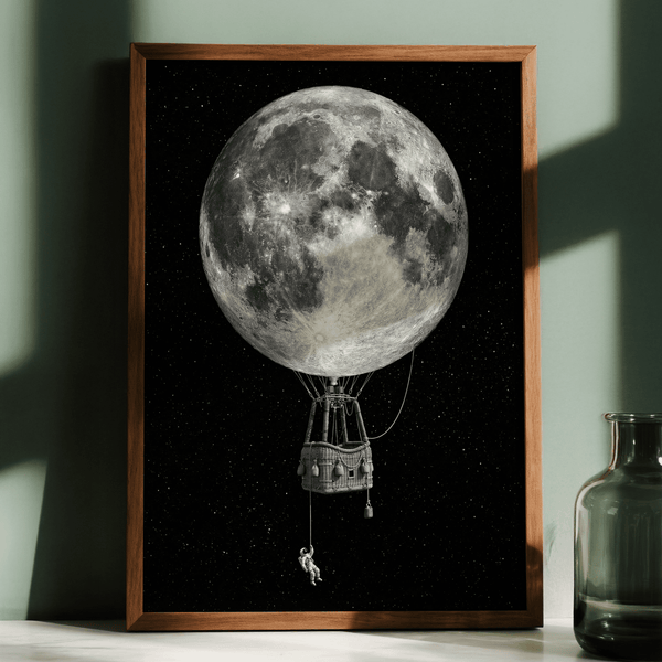 Moon Hot Air Balloon Art gray poster for library decorative wall