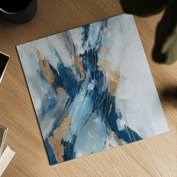 Blue Abstract Wall Art print, Blue and Gold palette for contemporary interiors