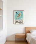 Living room scene with blue and beige travel map poster centered on a mantel