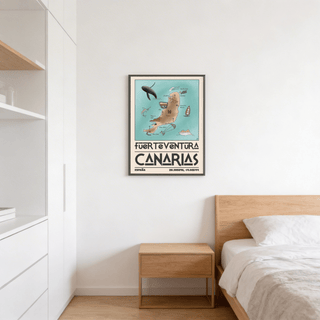 Living room scene with blue and beige travel map poster centered on a mantel