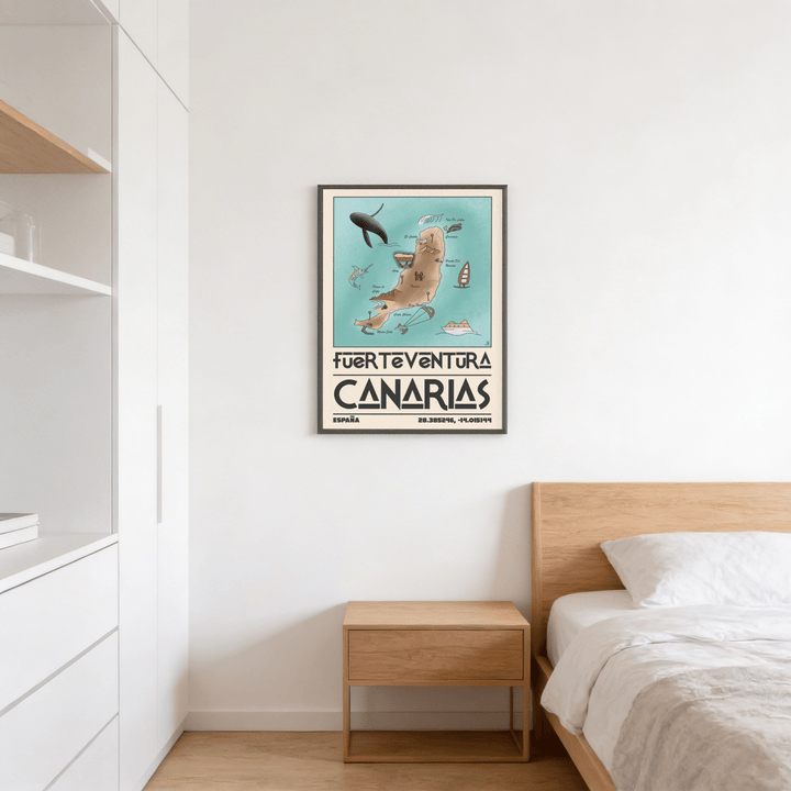 Canary Islands wall art map of Fuerteventura Island in turquoise and beige hung above a bedside table