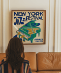 Retro style New York Jazz Festival Print in Green, Blue, Beige for bedroom