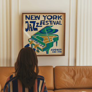 Retro style New York Jazz Festival Print in Green, Blue, Beige for bedroom