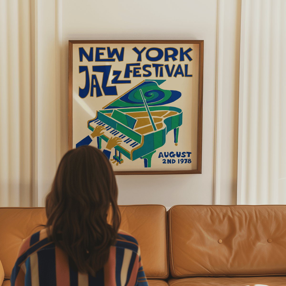 Retro style New York Jazz Festival Print in Green, Blue, Beige for bedroom