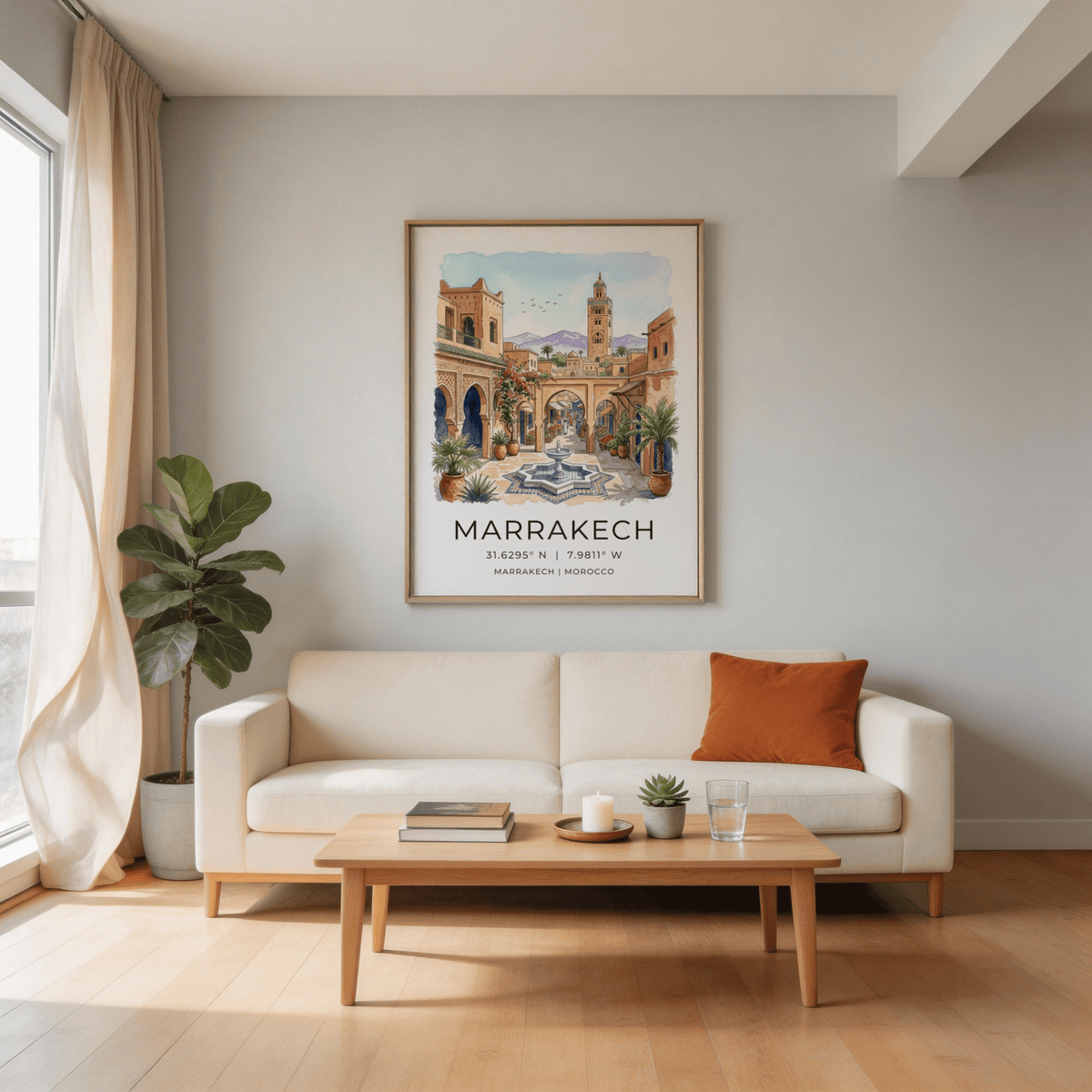 Vertical wall art print featuring palm pots, bougainvillea, and Moroccan architecture